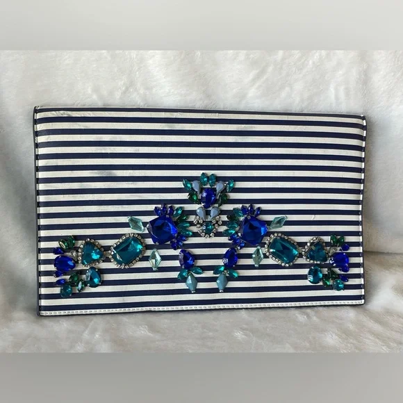 Express Bejeweled Blue and White Stripe Envelope Clutch Bag - Picture 4 of 12
